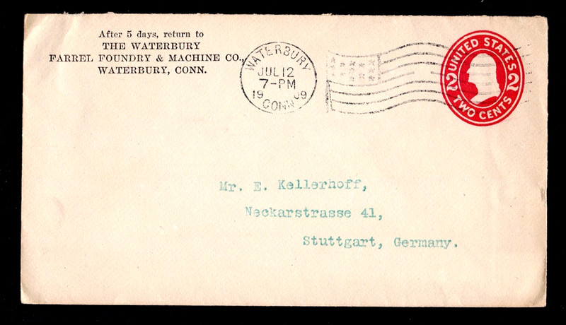 USA 1909 from Waterbury to Germany. Two Cent. Used