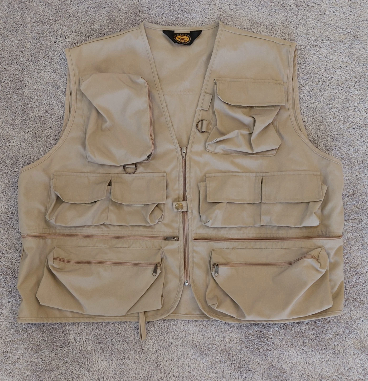 Woolrich Vest Mens L XL Tan Khaki Fishing Angler Tactical Cargo Pockets D Rings