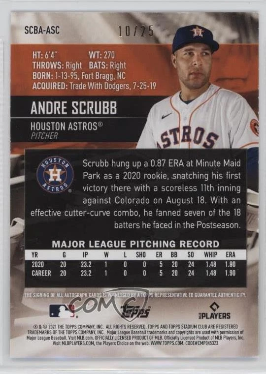 2021 Topps Stadium Club Black Foil 10/25 Andre Scrubb #SCBA-ASC Rookie Auto RC - Image 2 of 3