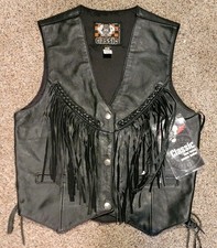 Womens MOB Black Leather Fringe Concho Motorcycle Biker Lace Up Western Vest XS