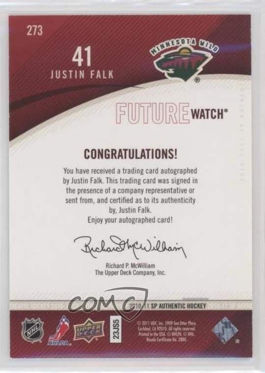 2010-11 SP Authentic Future Watch /999 Justin Falk #273 Rookie Auto RC - Image 2 of 2