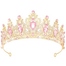 Queen Crown Rhinestone Wedding Crowns and Tiaras for Women - Gold Pink - A