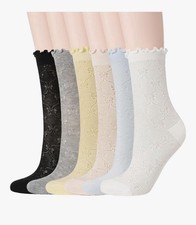 Cute Casual Semi Sheer Luxe Cotton Socks 6Pk Ruffle Cuffs Lightweight Breathable
