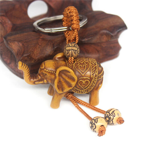 Lucky Elephant Carving Wooden Pendant Keychain Key Ring Chain Decoration Gift - Afbeelding 1 van 7