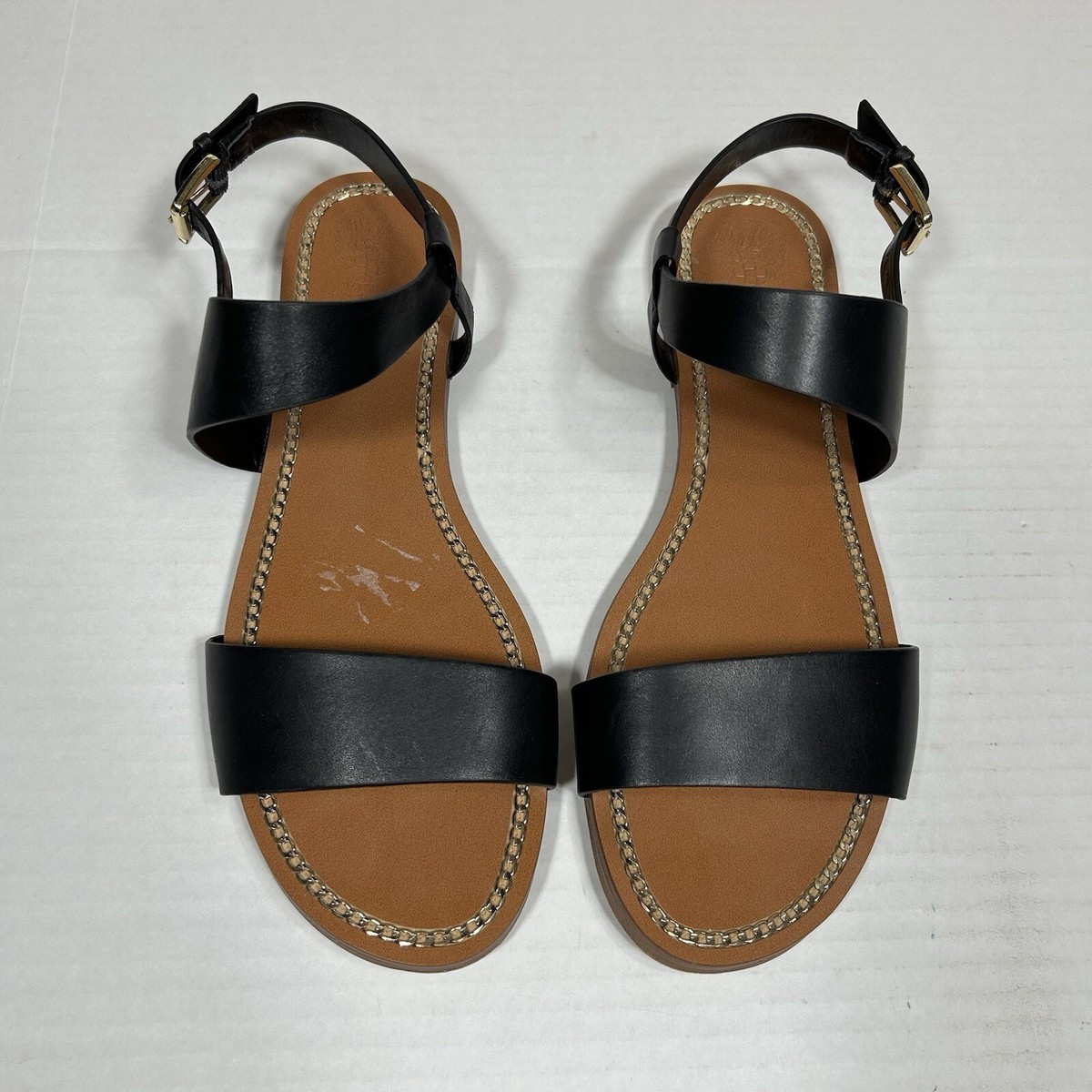Vince Camuto Rentin Black Leather Tan Flat Sandals Gold Chain Detail Size  10 M
