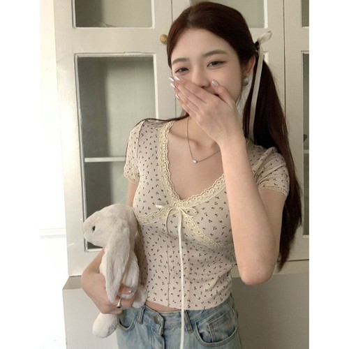 Lace Knitted Top V Collar Blouse Cute Crop Top For Women Girl - Picture 4 of 12