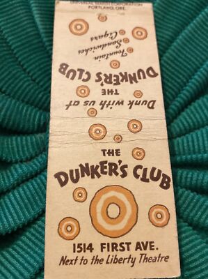 Vintage Matchbook Cover 1940 s, Dunker s Club Portland Oregon Doughnuts PFKT8