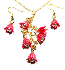 Gold Tone Dark Pink Tulip Flower 18" Necklace  Pierced Earrings - NWOT  3279 