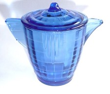 Akro Agate Small Disc  Panel Transparent Cobalt Blue Teapot With Lid