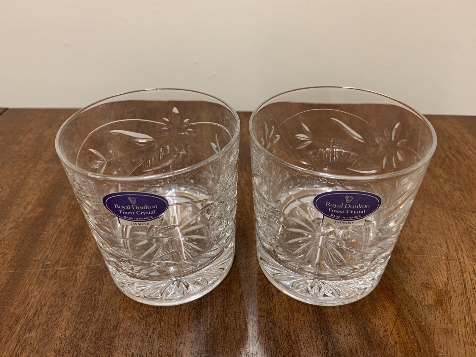 PAIR OF NEW SIGNED ROYAL DOULTON JASMINE CRYSTAL WHISKY TUMBLERS