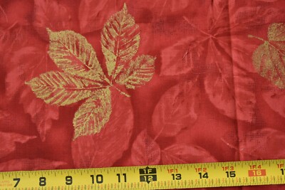 By 1/2 Yd, Metallic-Gold & Red Leaves on Marbled Red Quilt Cotton, Concord,P2261