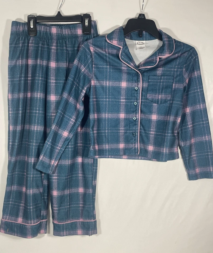 Conjunto de pijama de franela a cuadros para niñas talla S 6/7 botón clásico usado en excelente estado 2 piezas algodón bolsillo PJ Foto 2 de 4