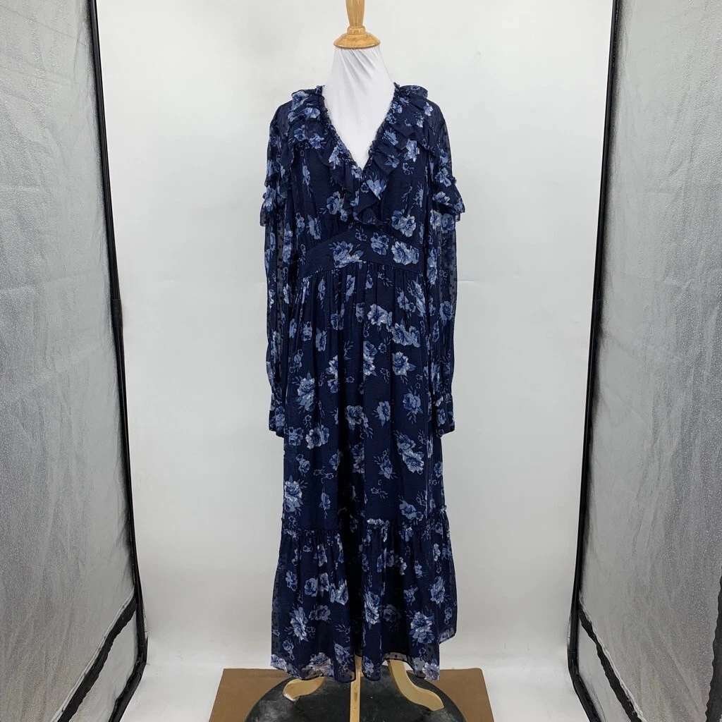 Abito donna Kate Spade 12 volant seta blu navy floreale maniche trasparenti a strati midi