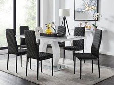 Image of GIOVANI White High Gloss and Grey Glass Dining Table & 6 Faux Leather Chairs