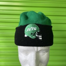 Vintage New York Jets Beanie Winter Knit Hat Cap made in USA Two Toned NYC 90s