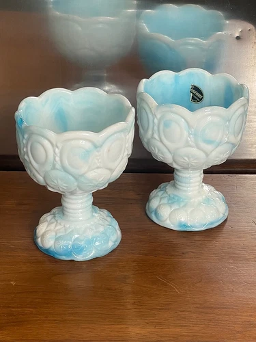Kanawha Glass #805ED Moon & Stars Blue & White Slag End of Day Compote Pair