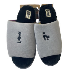 Dluxe Dearfoams Black Cat Slippers Memory Foam Gray Large 9-10 New Halloween