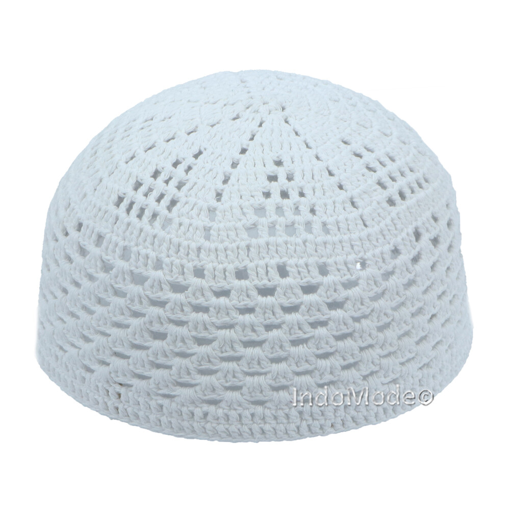 White Crocheted Kufi Hat - 100% Cotton Prayer Cap With Mixed Weave (Tight & Loose)