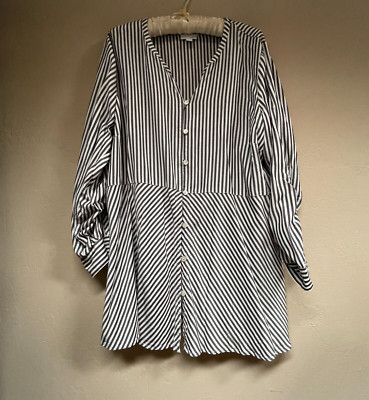 J.Jill Womens Roll Tab Sleeve V-Neck Button Down Striped Top XL Lightweight Gray