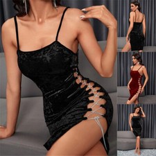 Women's Gold Velvet Skinny Side Lace-Up Sexy Slip Dress Casual Summer