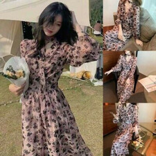 Women Floral Print French Style Dress Fashion Long Sleeve V-neck Bow Lace Up