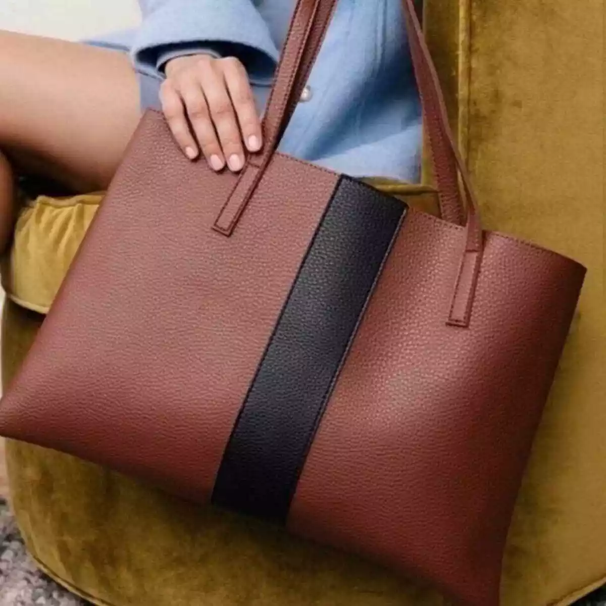 Vince Camuto Luck Brown Black Vegan Leather Tote Bag