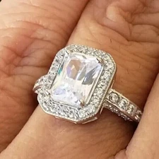 3.10 Ct Emerald Cut Moissanite Engagement Ring 14k White Gold Finish