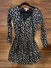 Michael Michael Kors XXS Black Silver Paisley V-Neck Long Sleeve Mini Dress