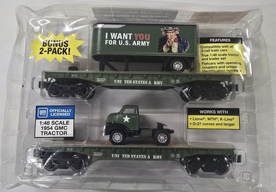 #ad MENARDS 2 Piece 10 1 2quot; O Gauge U.S. Army Flatcar with 1954 GMC® Army Tractor $50.00