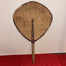 Vintage Handmade Woven Straw Hand Fan Wood Handle-13.5  X9  - See All Pictures