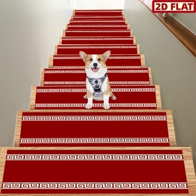 Red Background with White Edges And Geometric Pattern 2D Flat Stair Mat, Machi