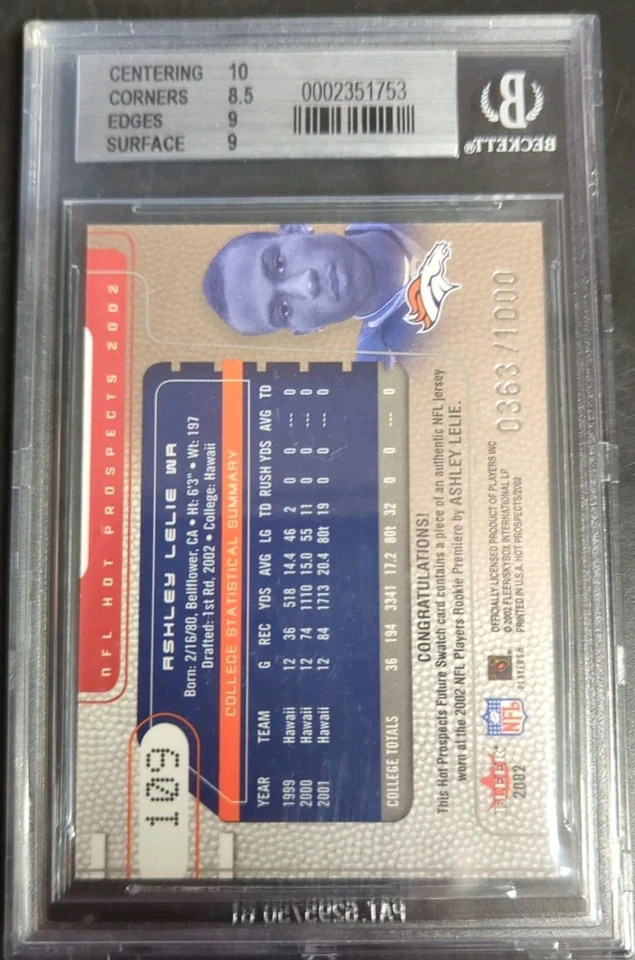 2002 Fleer Hot Prospects Ashley Lelie Jersey Rookie Card BGS 9 #/1000 - Broncos - Image 2 of 2