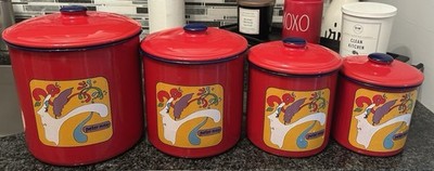 Peter Max Vintage/Retro Enamel Canister Set 4pc Red Graphic Cylinders w/ Lids