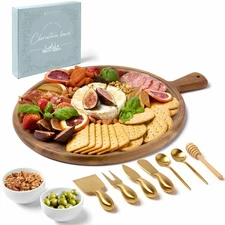 Round Cheese & Charcuterie Board Serving Tray with Accessories, Birthday Gifts.