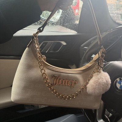 Juicy Couture Cream Small Crescent Shoulder Bag Quilted Gold Chain Heart Charm