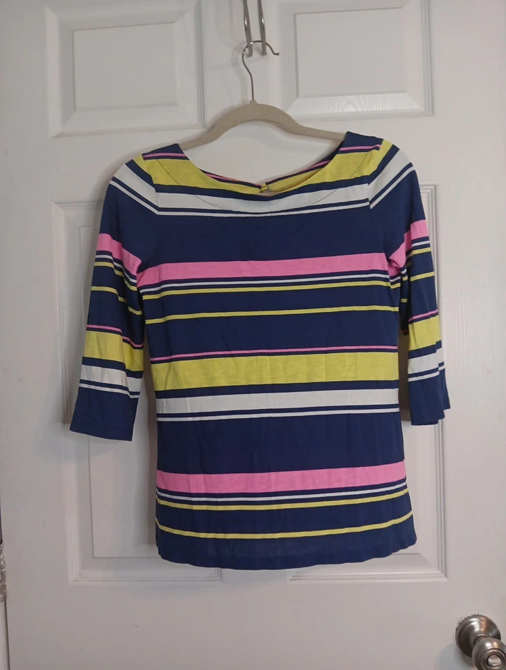 Camisa Lilly Pulitzer Rayas Pavo Real Mujer Talla XS 3/4 Manga Azul Blanco Foto 3 de 4