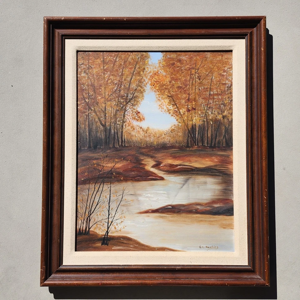 Original Oil Painting Autumn Forest River Scene on Canvas Framed 1970s Art - Image 3 of 4
