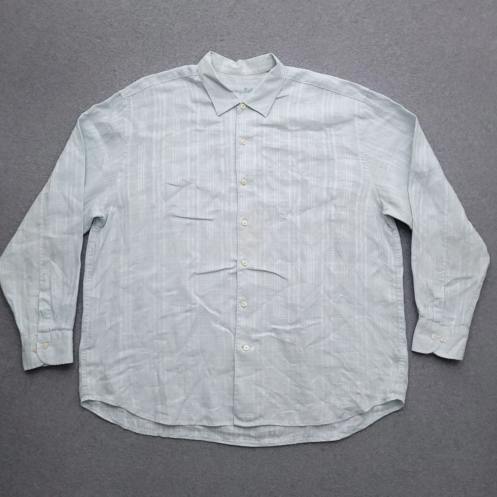 Tommy Bahama Shirt Mens 2XL 100% Linen Light Blue Jacquard Long Sleeve