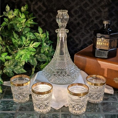 5pc Wexford Crystal 14'' Ships Decanter & 4 Gold Rim Lowball Glasses Bar Set Gift