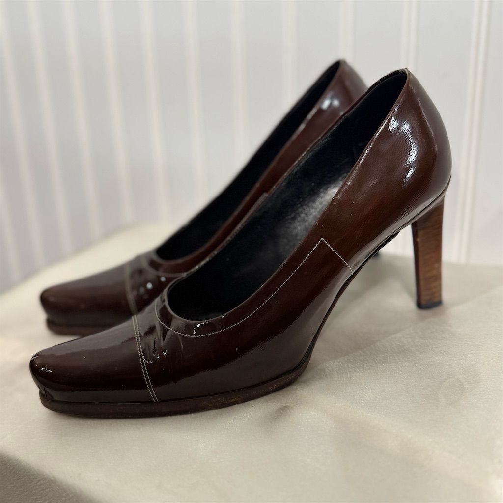 Prada Brown Patent Leather Heels 36.5 US 6.5 Italy Square