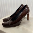Prada Brown Patent Leather Heels 36.5 US 6.5 Italy Square Toe Pumps Vero Cuoio