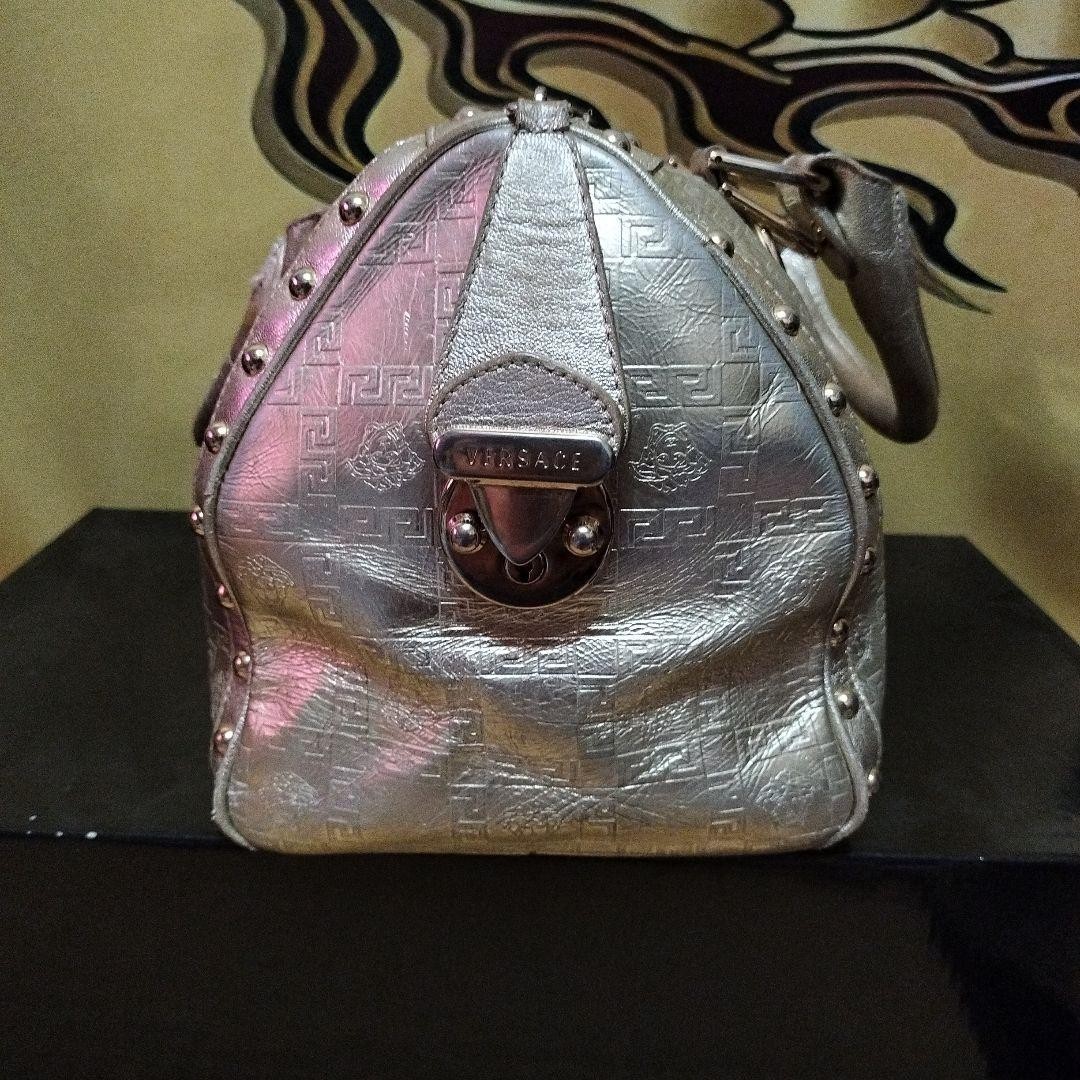 VERSACE HandBag Boston Bag With Studs Hardware Silver Leather Greca Embossed thumbnail 16