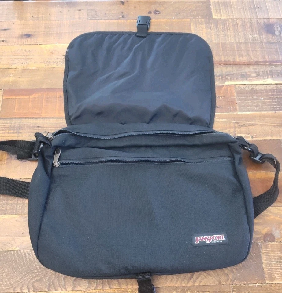 Vtg Jansport Suede Crossbody Messenger Backpack 90's Floral Tapestry Black - Image 3 of 4