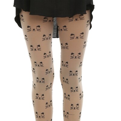 HOT TOPIC FASHION NUDE BLACK FAUX ALL OVER CAT FACE SHEER TIGHTS  PANTYHOSE