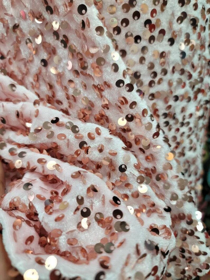 Fabric Sold By The Yard Pink Blush Stretch Velvet Embroidery Rose Gold Sequin - Image 3 of 4