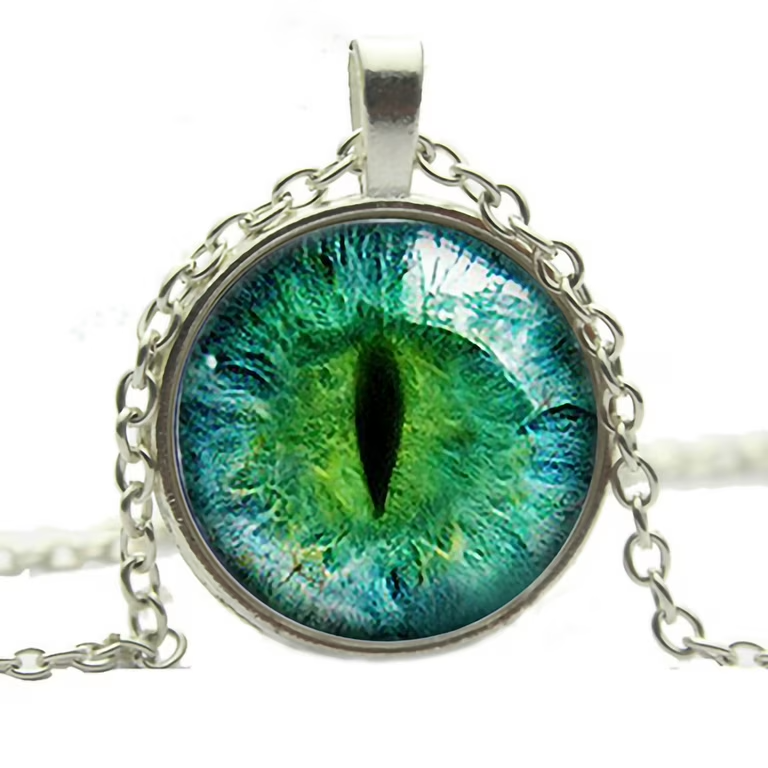 Cat Eye Dragon Eye Glass Photo Pendant Charm Necklace Fantasy Folklore Creature