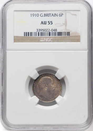 GREAT BRITAIN EDWARD VII 1910 6 PENCE, ALMOST UNCIRCULATED, NGC CERTIFIED AU55