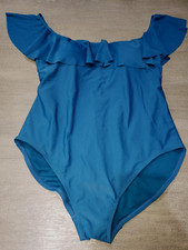 womens PLUS size 1X/2X 1 pc SWIM SWIMMING SUIT ruffle trim PADDED BRA solid blue