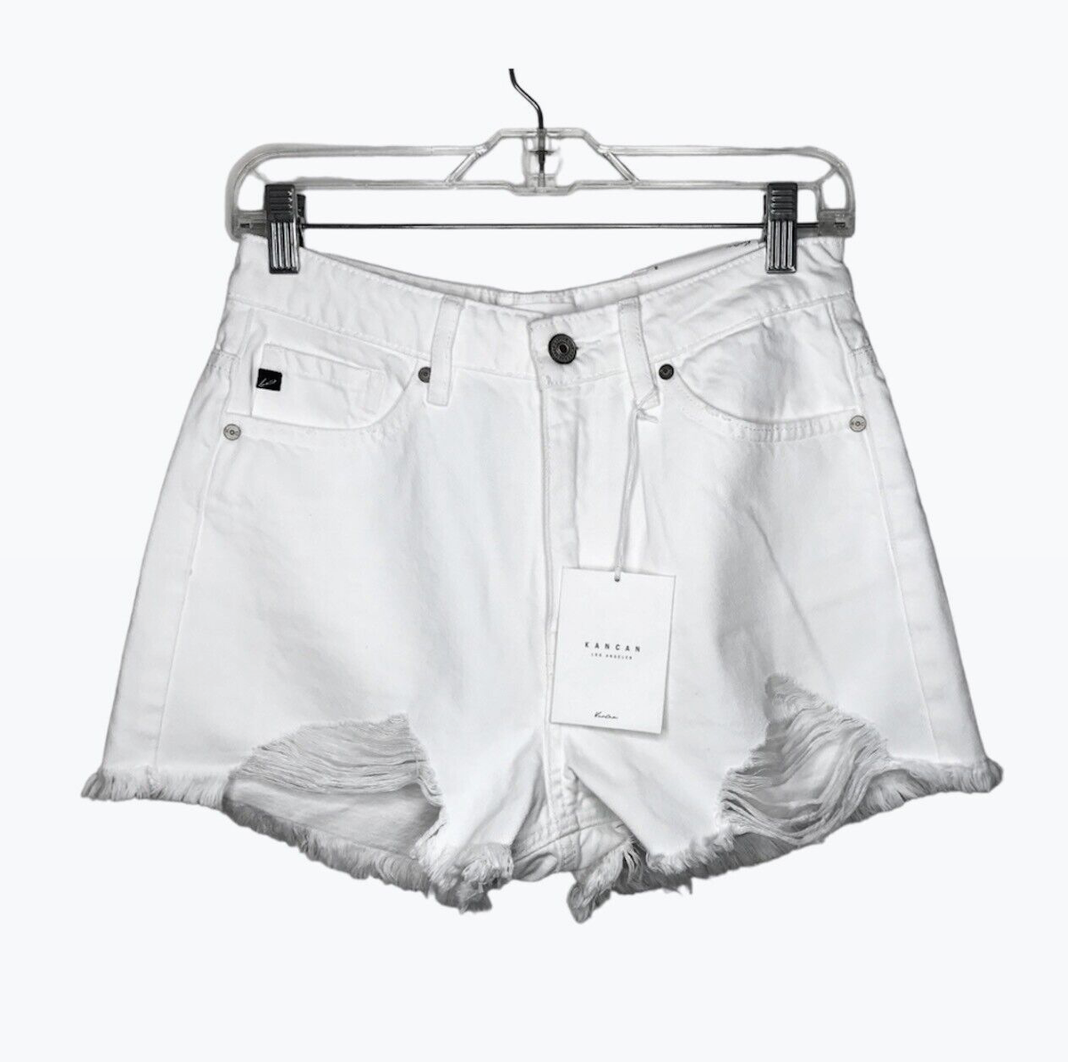Kancan Distressed Frayed High Rise Shorts White Denim Women's Size S NEW