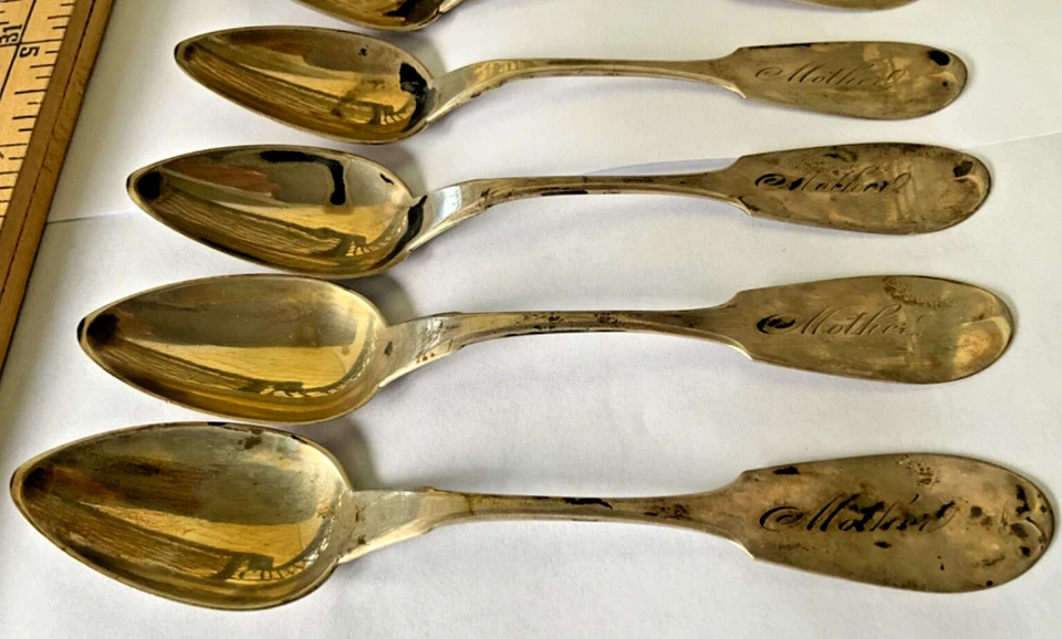 Lote de 6 Cucharas M.Michelson Moneda Plata 6” Set Madre In Script 1800’s 3.25 OZ Foto 2 de 4